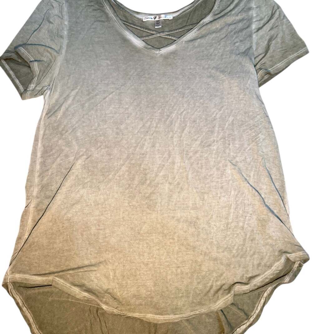 Seven7 Women’s Olive Green V-Neck Top Medium Criss Cross Back High Low Hem